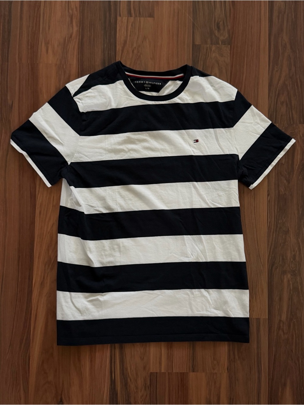 Tommy Hilfiger Men’s Black and White Horizontal Stripe Crew Tee